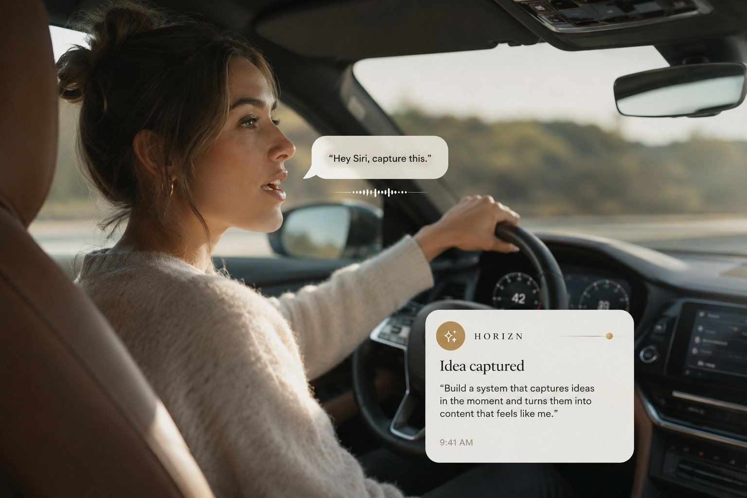 Driver saying 'Hey Siri, capture this' — a HORIZN idea card appears with the captured thought