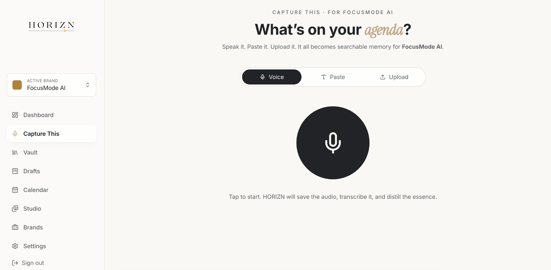 HORIZN Capture This — voice, paste, or upload an idea into your brand's searchable memory